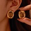 Nature Stone Tiger-eye Earrings Stainless Steel Waterproof Stud Earrings Oval Bead Gold Plated Pearl Earrings Gemstone Jewelry