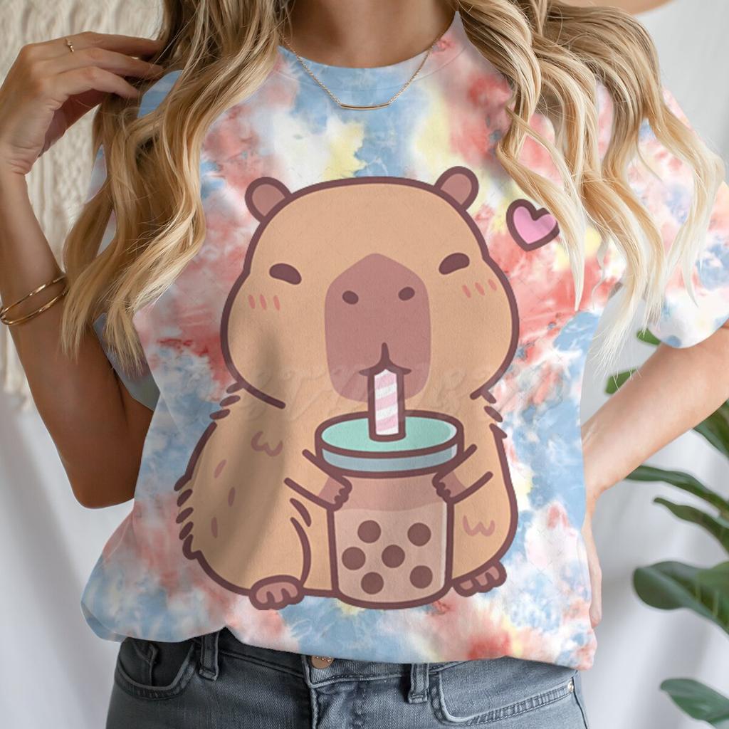 Tie Dye Animal Graphic Lover Gift Shirt Tee Capybara Kawaii Cartoon T-shirts Crew Neck Casual Summer Drink Tops