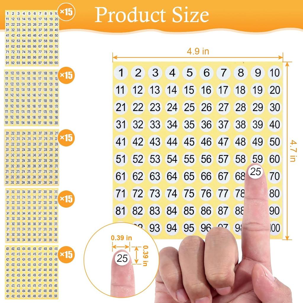 7500 Pcs 1-500 Round Number Stickers Labels, 15 Sets Self-Adhesive Round Labels, 0.4 Inch Consecutive Small Number Decals Inventory Stickers for