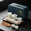 Suet jade tea set, white porcelain travel kung fu tea set, tea tray set, cover bowl teacup