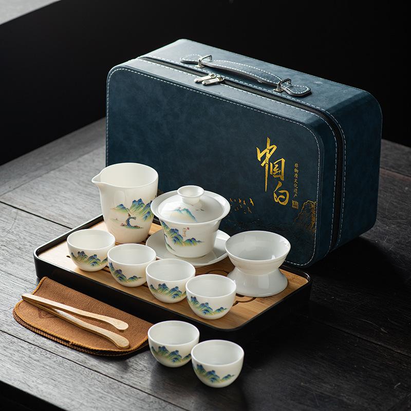 Suet jade tea set, white porcelain travel kung fu tea set, tea tray set, cover bowl teacup