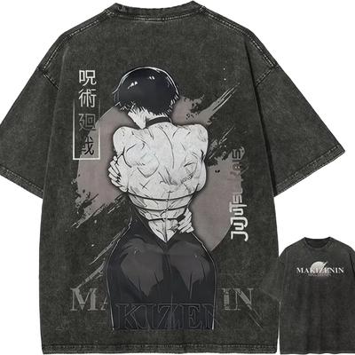 Maki Zenin T-Shirt Jujutsu Kaisen Herren Säurewaschung Toji Seelenerweckt Anime Streetwear Zenin Clan Rücken Narbe T-Shirt
