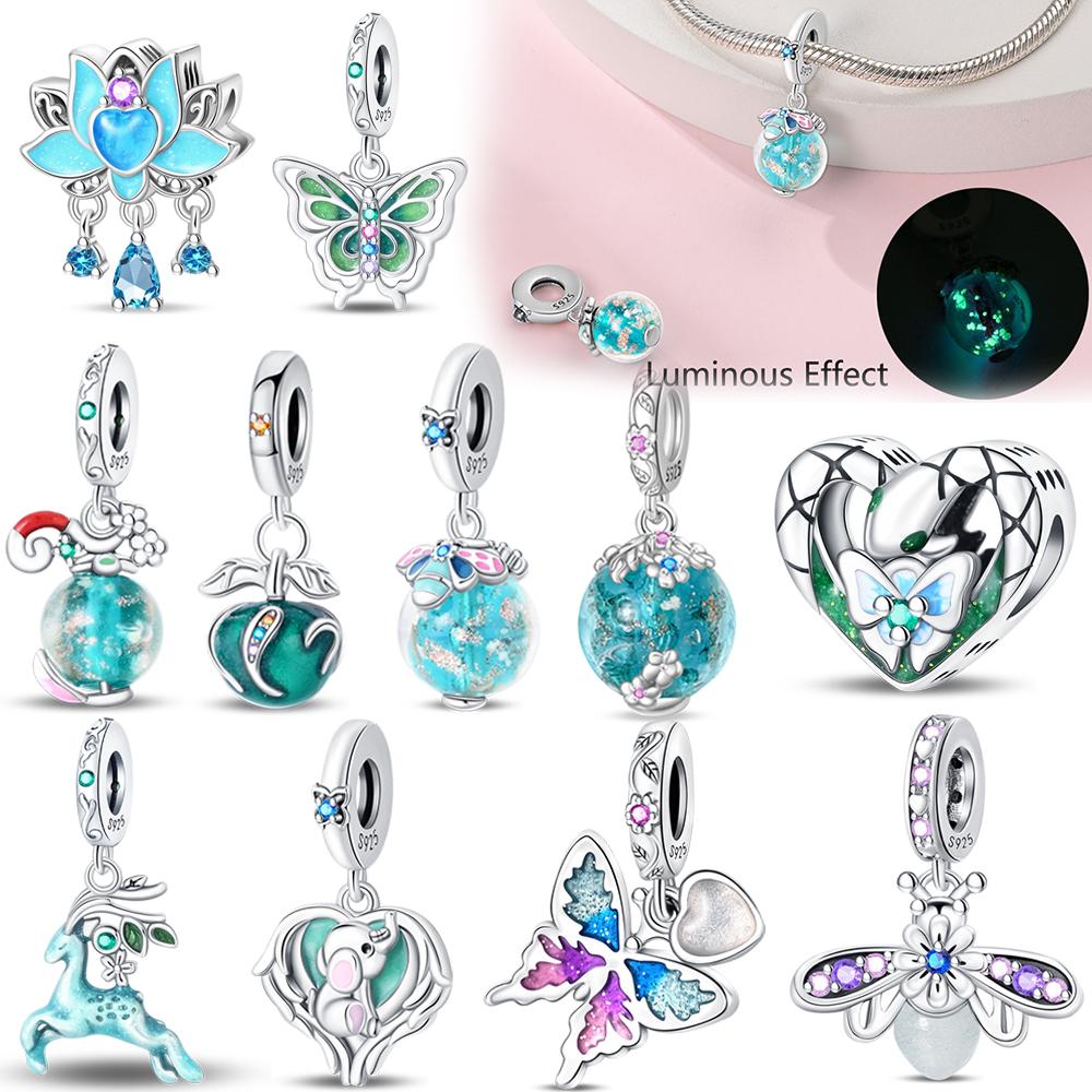 Authentic Glow-In-The-Dark Firefly Dangle Charm Fit Original Bracelet Diy Copper Flower Lantern Charms For Jewelry Making