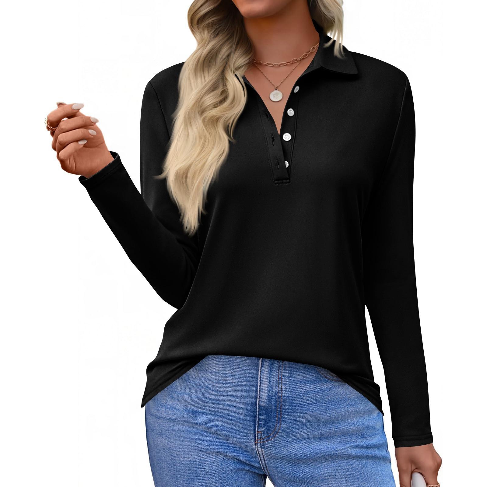 

Women s Fashion Casual Lapel Short Long Sleeve Solid Color Shirt Women s Button Up Tops S чорний