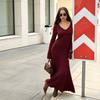 European and American cross-border pit strip design chicken heart collar long sleeve solid color versatile slim bottom knitted dress women