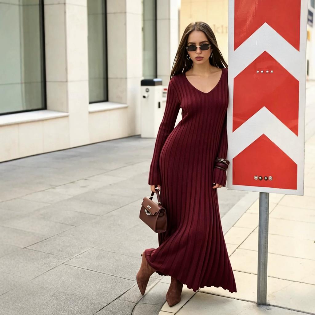 European and American cross-border pit strip design chicken heart collar long sleeve solid color versatile slim bottom knitted dress women