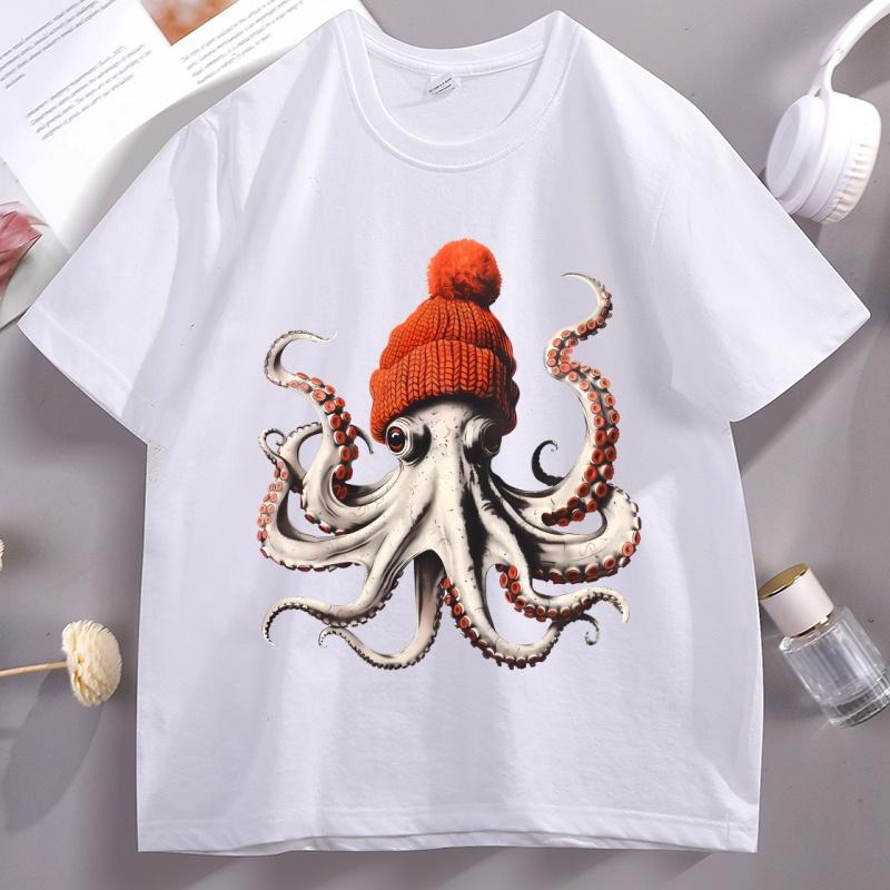 2026 Hot Sale Funny Octopus Wearing Beanie Retro T-Shirt Unisex Funny T Shirt 90s Graphic Tee Cotton Short Sleeve Male Tees Y2k Clothing Top