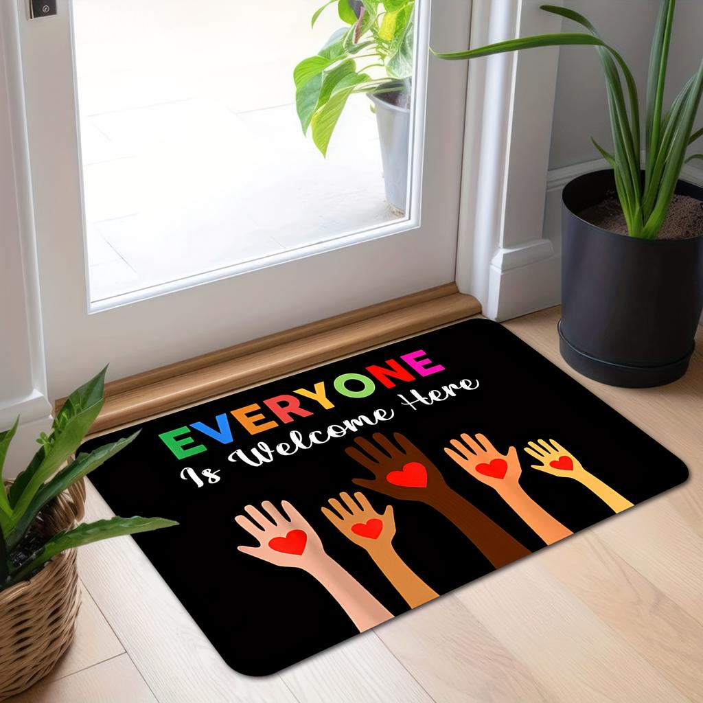 Everyone is Welcome Here Design Doormat, Inclusive Slogan Non-Slip Welcome Rug, Washable Decorative Mat for Home and Entryway