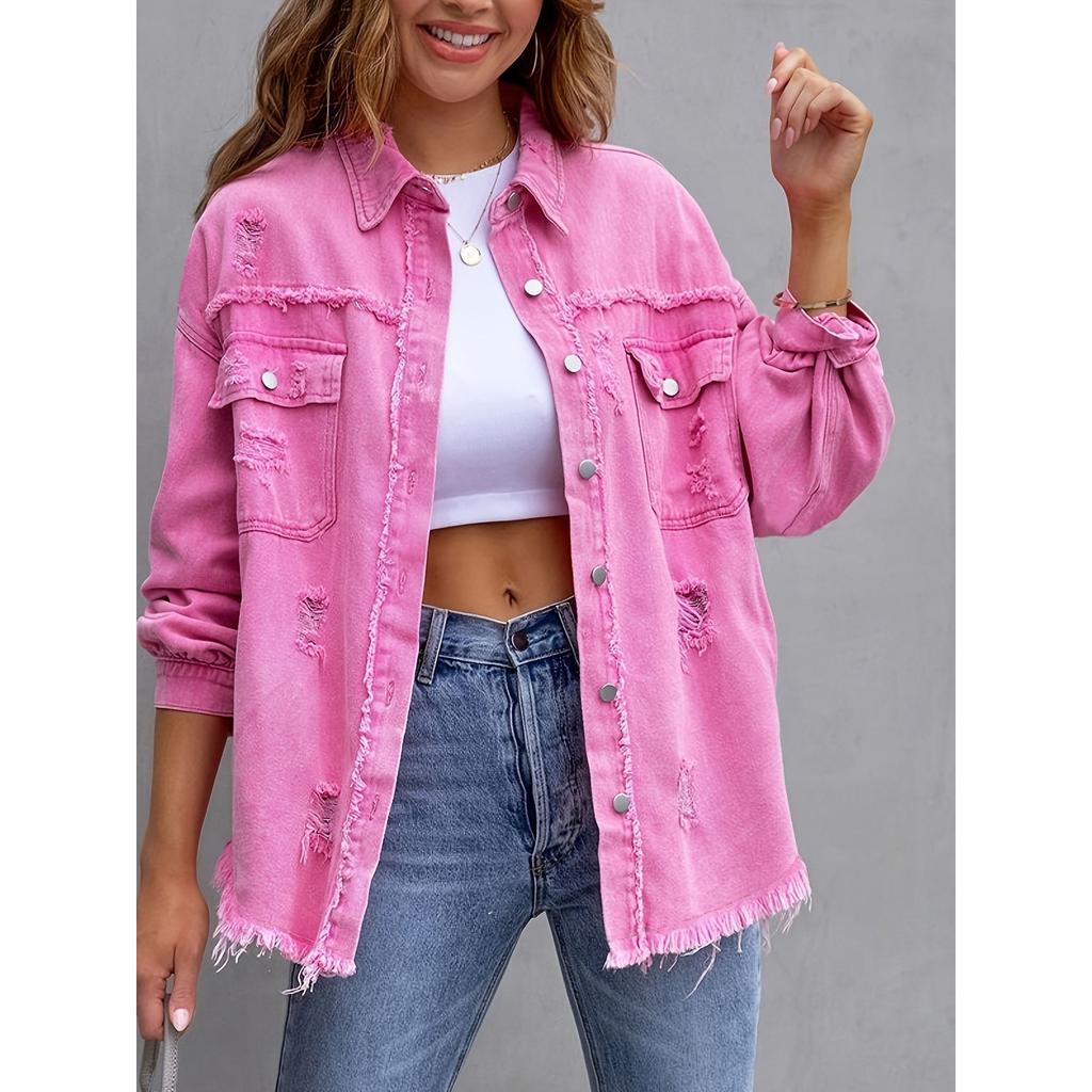 Hip Hop Rough Edges Denim Jacket Ripped Pocket Lapel Long Sleeve Single-breasted Vintage Jeans Jacket Coat Women Spring Coat