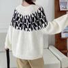 Navava Loose Fit Jacquard Pattern Color Block Round Neck Long Sleeve Knit Sweate