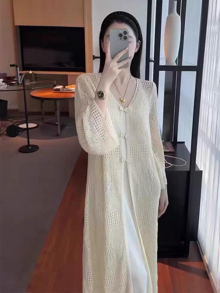 Női 2025 Tavasz/Nyár Nyitott Kötésű Kardigán Kínai Békagombbal - Laza Fit, Napvédelem.