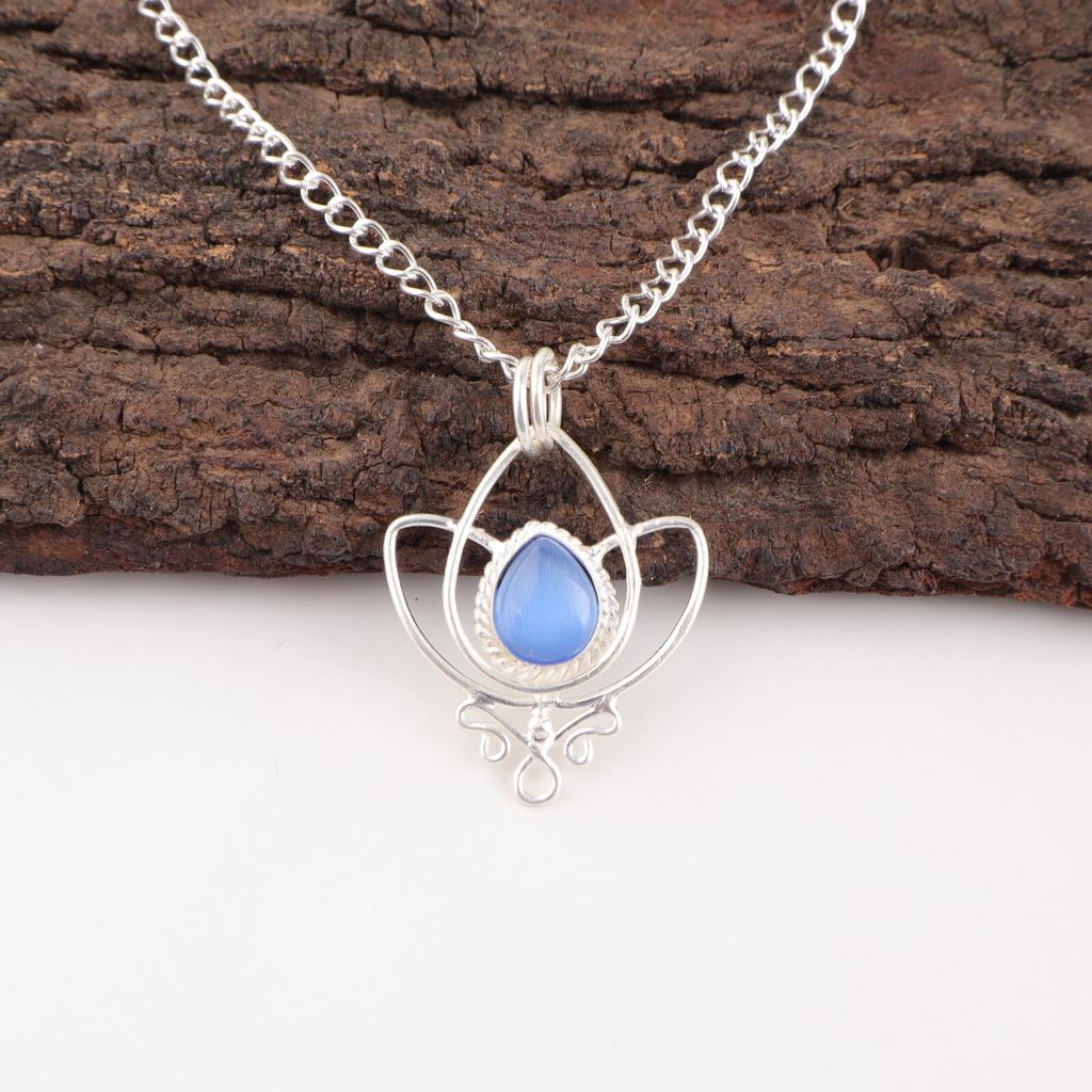 Dark Blue Cat's Eye Gemstone 925 Sterling Silver Jewelry Handmade Chain Pendant PP-38-46