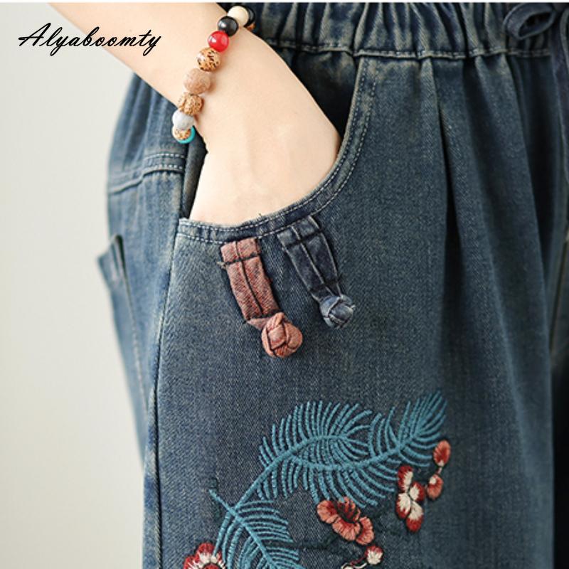 Ethnischer Stil Übergröße Damen Basic Weitbeinjeans Hohe Taille Kordelzug Zarte Stickerei Floral Baggy Denimhose Vintage Elegante Damenjeans