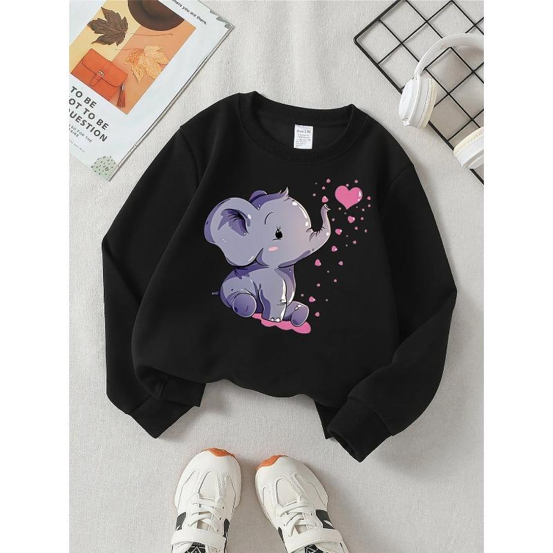 European sizes Cute Elephant Hearts Pink Girls' Fashionable Crewneck Sweatshirt, Western Top, Children's Long Sleeved Casual Tee
