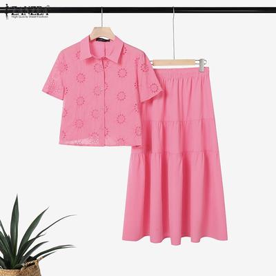 Women Short Sleeve Crochet Blouse and Skirts Casual Two Piece Suit Sets