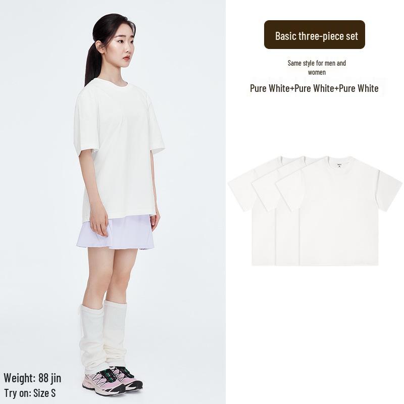 Aesthetics of Cotton: Unisex Summer Heavyweight Pure Cotton Three-Piece Short Sleeve T-Shirt Set, Basic Solid Colors