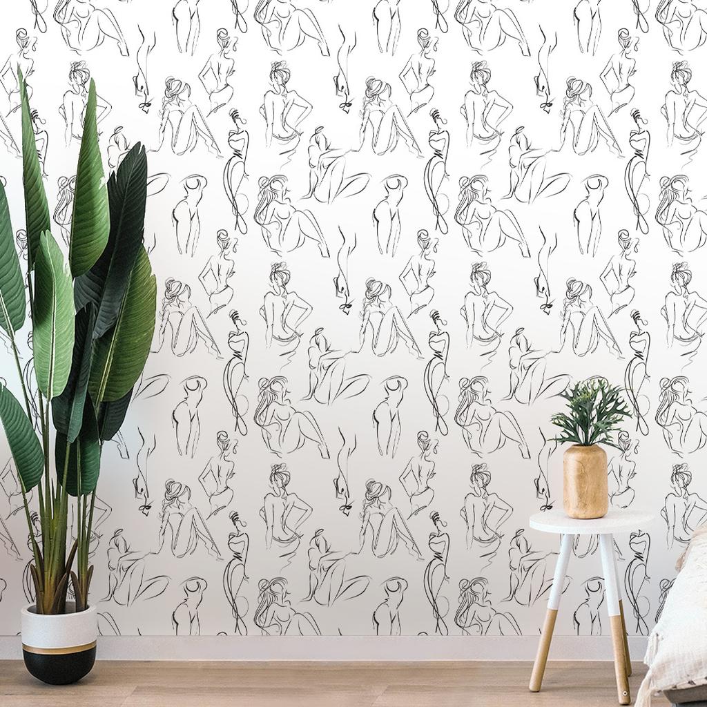 Minimalistische weibliche schwarze und weiße Linien, Wohnzimmer, Schlafzimmer, Hintergrundwand, wasserfest, feuchtigkeitsbeständig, abnehmbar, selbstklebende Tapete(45cm*300cm)