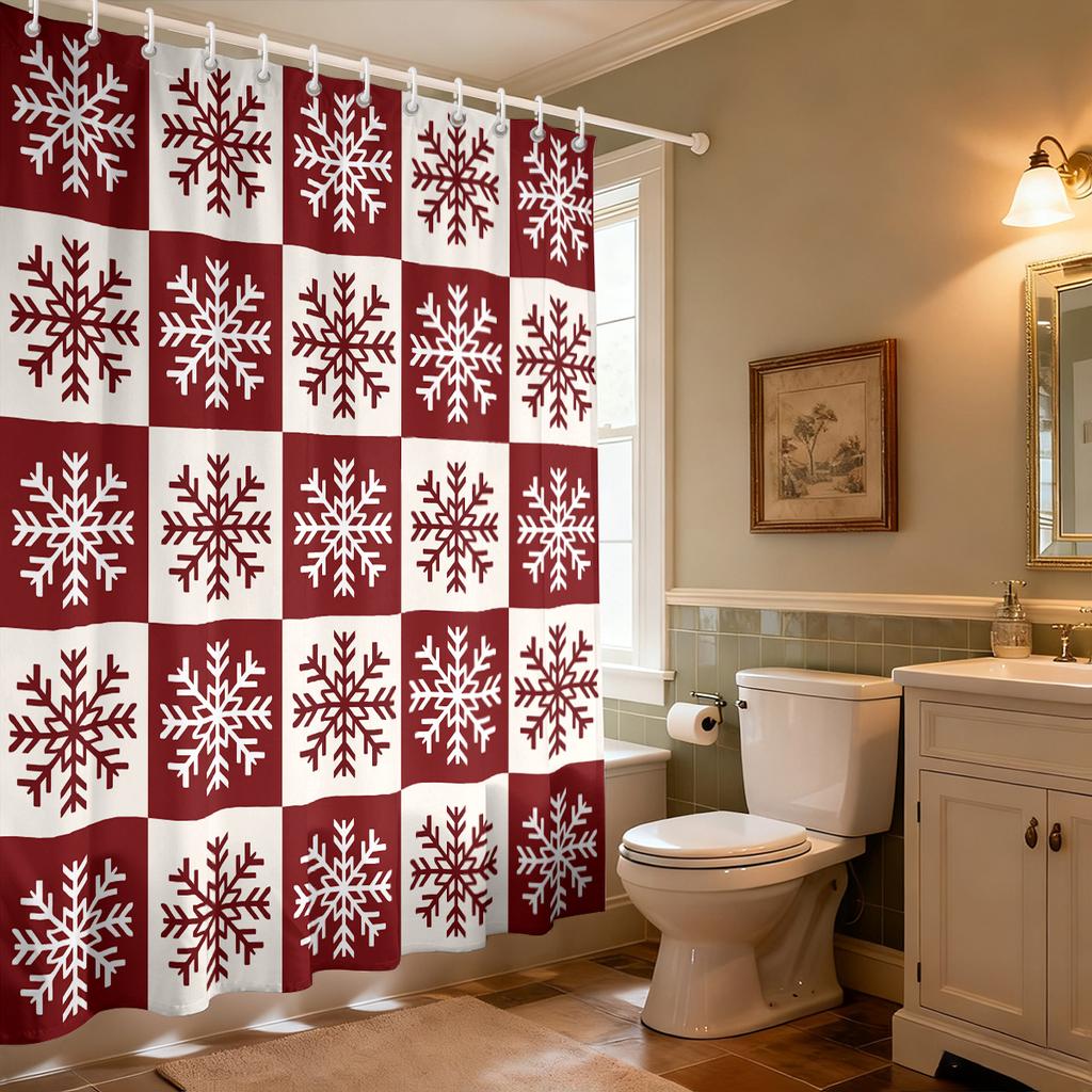 1pc Christmas Red Snowflake Print Waterproof Shower Partition Privacy Hanging Curtain 12 Hooks Multi Size Decoration