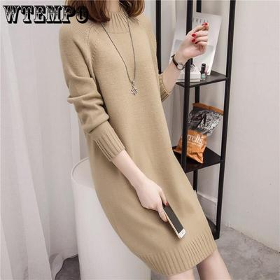 Strickkleid für Damen Locker Midilang Koreanischer Stil Pullover Einfarbig Lässig Halboffener Rollkragen Pullover Herbst und Winter