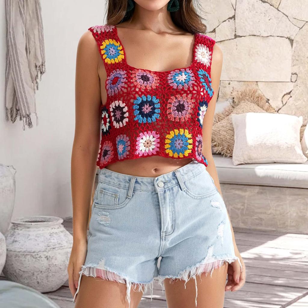 Dámské ruční háčkové vyšívání duté pletené tílko Košilka Dámské krátké plážové prázdniny bez rukávů