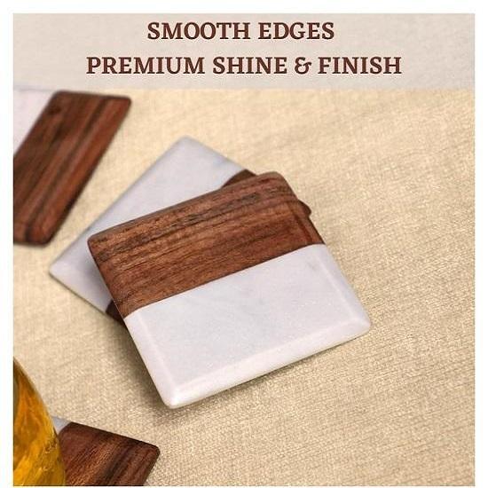 Marble Coasters Set of 4 with Holder, Wood, Dining Table Coasters for Hot Pots Tea Coffee Mugs Table Coasters Decorative Items for Home Decor