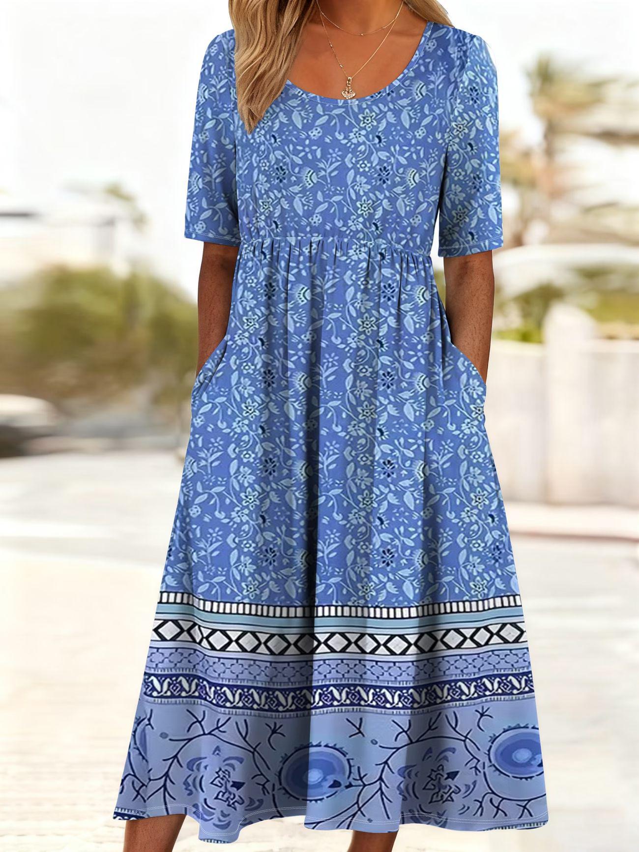 2026 Summer Mid-Waist Women s Casual Round Neck Printed Maxi Dress S