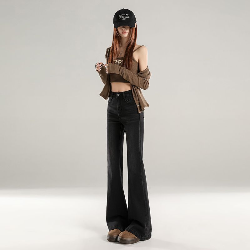 Spring Summer Black Gray High Waist Petite Slim Horse Hoof Micro Flare Denim Pants For Ladies Casual Pants Oversize Denim Trousers