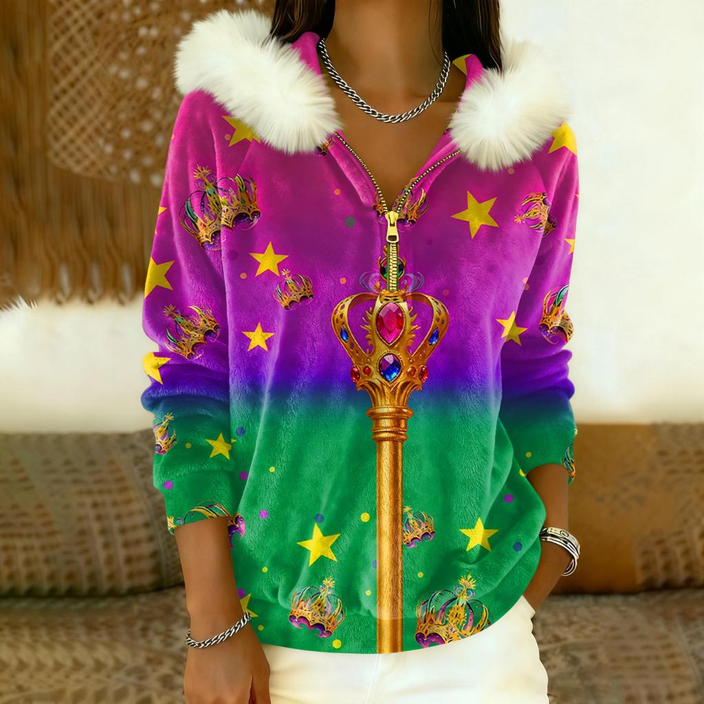 Damen Lockerer Und Bequemer Lässiger Mode Halb-Reißverschluss Kapuzenpullover Langarm Karnevals-Print Oberteil