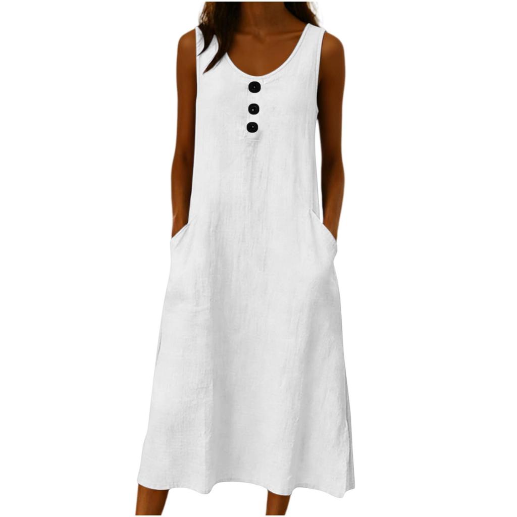 Sleeveless Casual Washed Wrinkle Dress for Women with Button Front and Pockets Loose Fit Midi Length Summer Dress