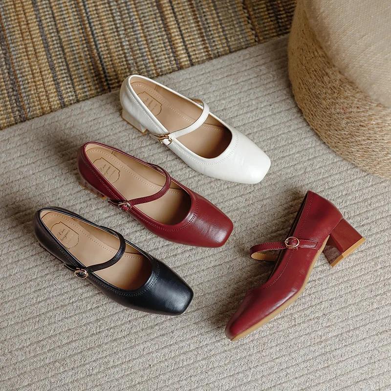 Fashion Women's Fashion Pumps Spring Autumn New Mary Jane Women Square Toe Shallow Single Shoes Leather Dress Party Chunky Heels Shoes