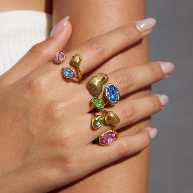 Elegant Colored Glass Open Ring for Women Stainless Steel Waterproof Non-Tarnish Jewelry for Prom Banquet Anniversary Gifts
