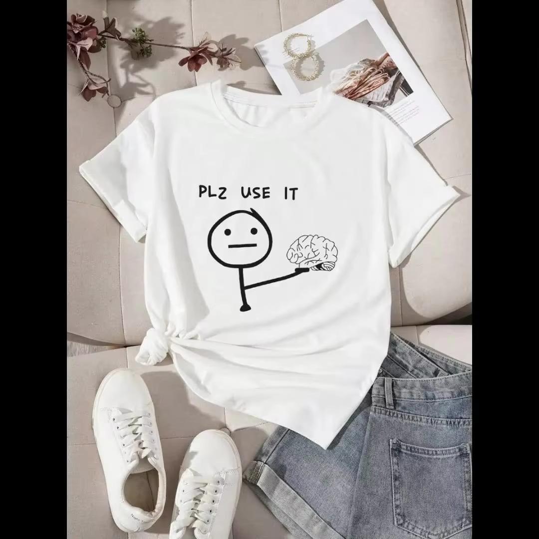 Stick Figure Brain Graphic TShirt Casual Daily Short Sleeve Tee for Unisex Women Unique Witty Cartoon Character Print Design Top S