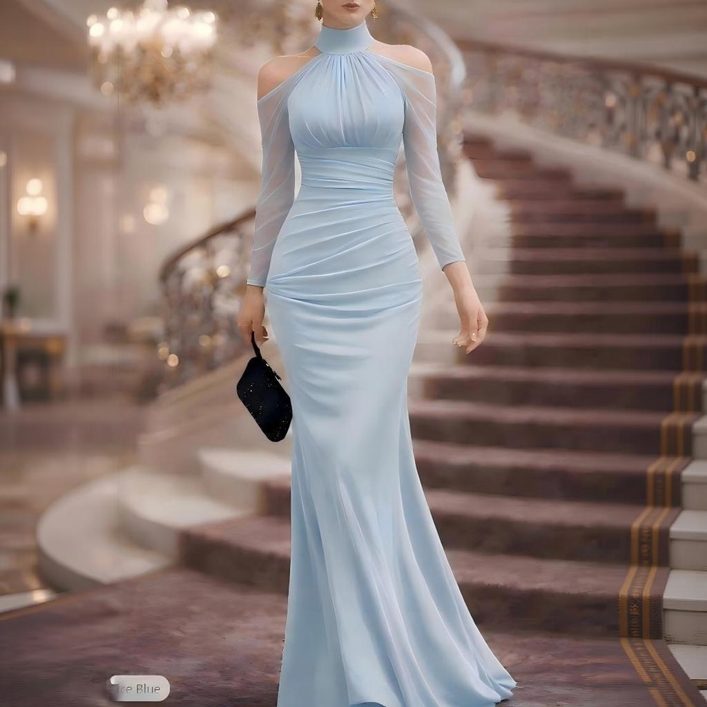 Women Halter Neck Long Sleeve Evening Dress Sheer Mesh Off Shoulder Floor Length Formal Gown Ruched Waist Maxi Dress