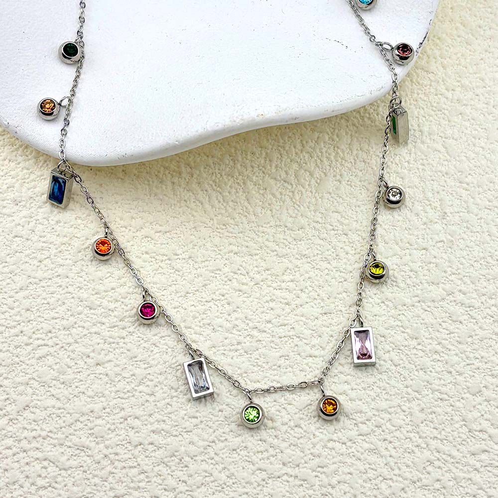 Fashion Round Rectangle Colorful Geometric Zircon Pendant Chain Necklace Choker For Women Stainless Steel Temperament jewelry