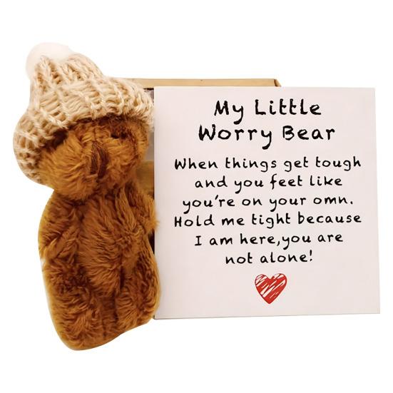 Mini Plush Bear Doll My Little Worry Bear Handmade Gift with Inspirational Card Pocket Bears Hug Plush for Graduation Colleagues & Motivational