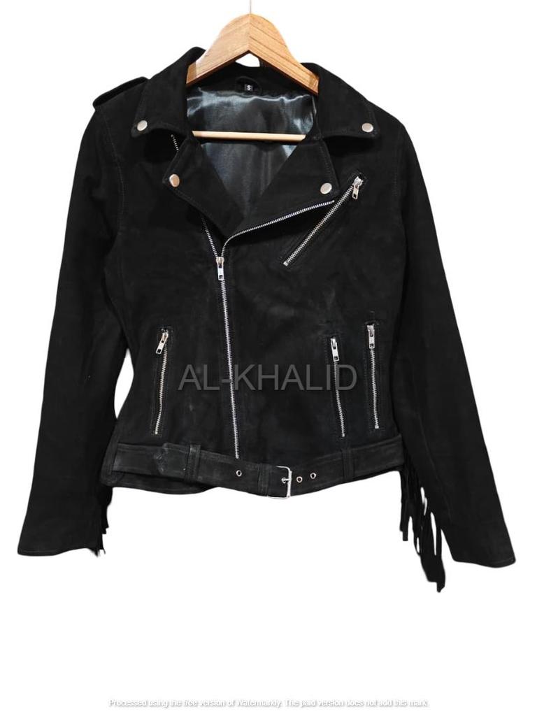 AL KHALID Dámská bunda z jehněčí kůže Pravá Černá Motocyklová S třásněmi Semišová Kůže Ručně šitá