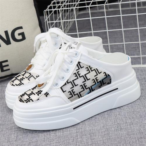 fashion Women Half Shoes Sneaker 2024 Summer Leather 8CM High Heels Slippers Casual Lace Up Woman Sneakers Shoes Fashion Summer Slippers