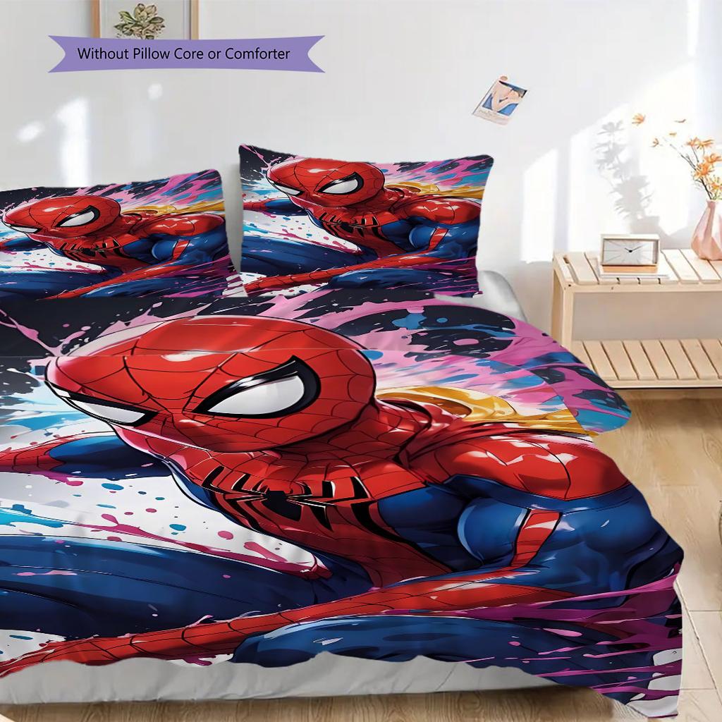 Superhero Series Spider-Man Cartoon Pattern Bedroom Three-piece Duvet Cover Bedding Set for Children.