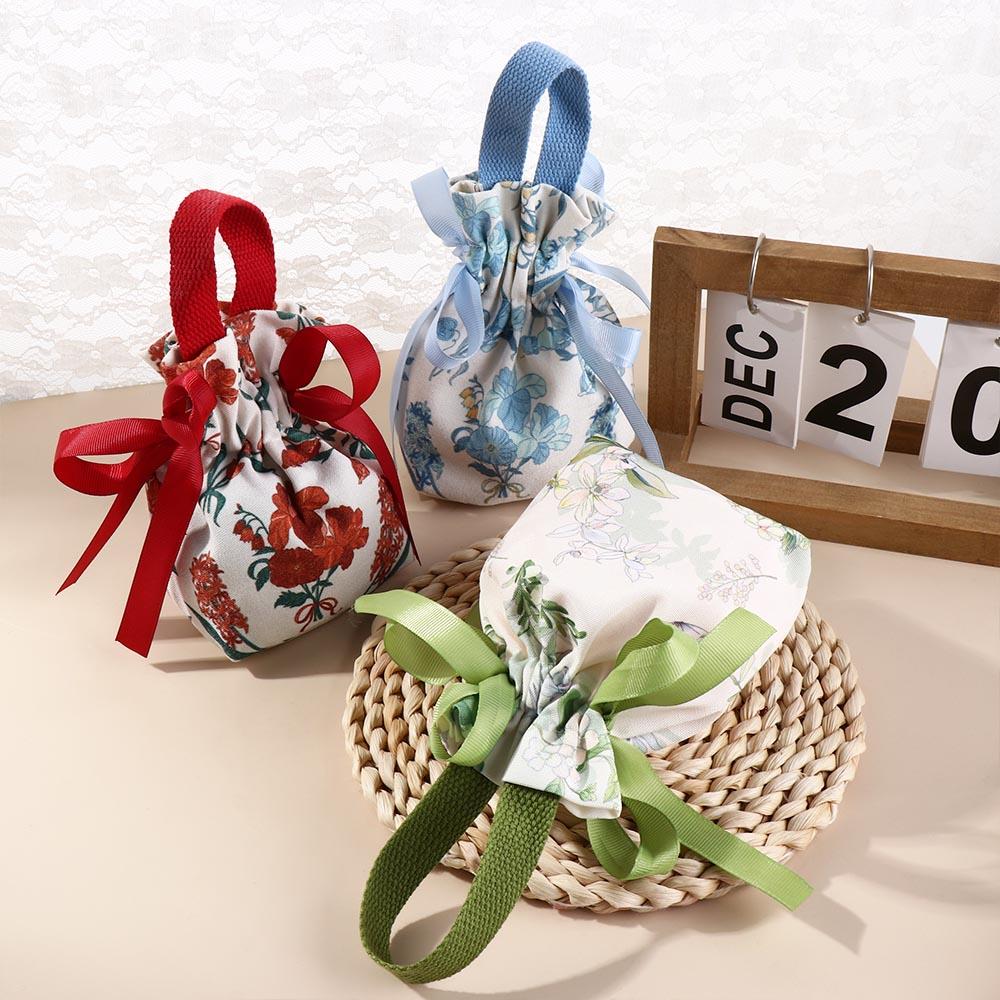 Large Capacity Small Flower Wrist Bag Floral Bowknot Handbag Elegant Canvas Drawstring Bag Outdoor