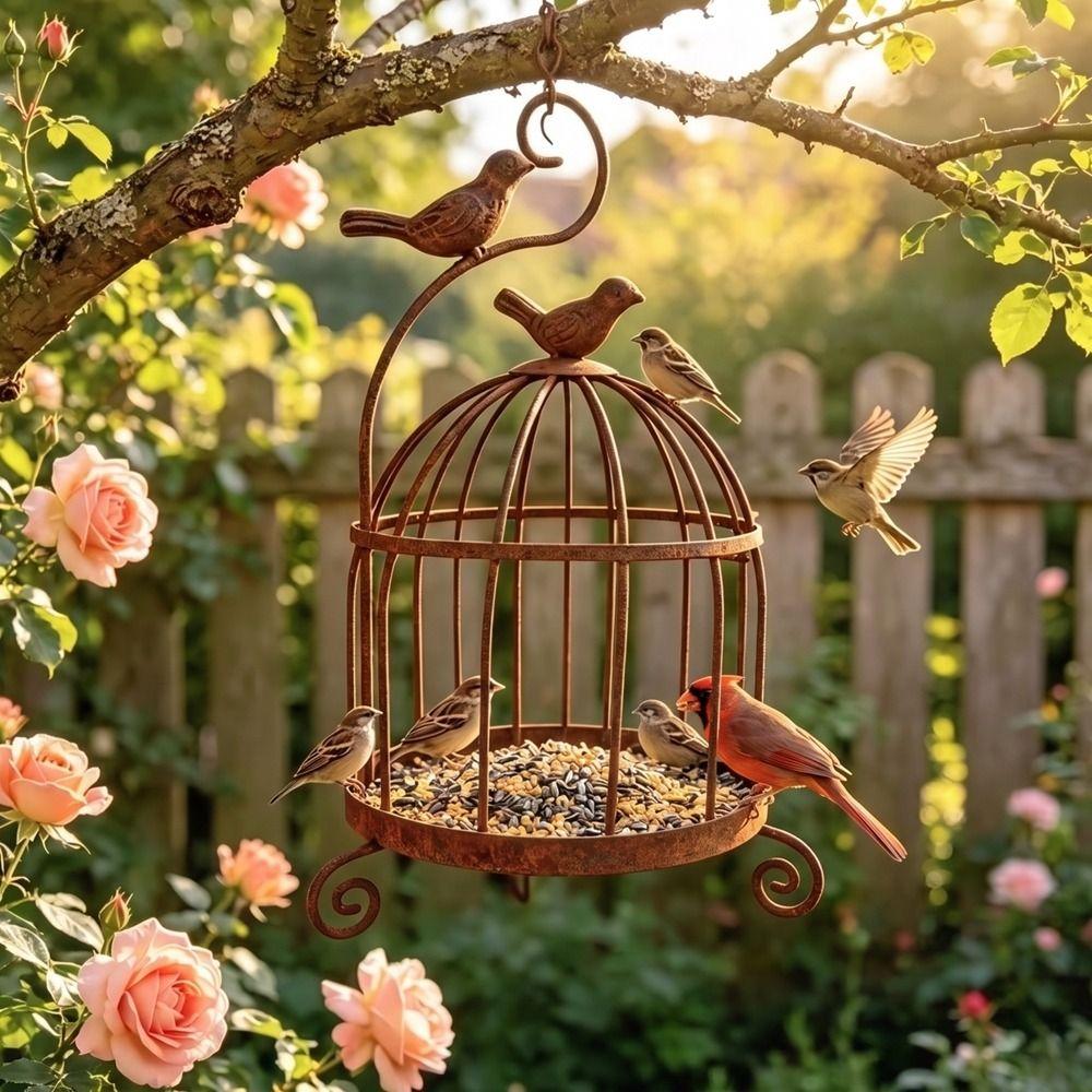 Large Capacity Bird Feeding Station Bird Cage Shape Bird Food Container Bird Rest Station Garden