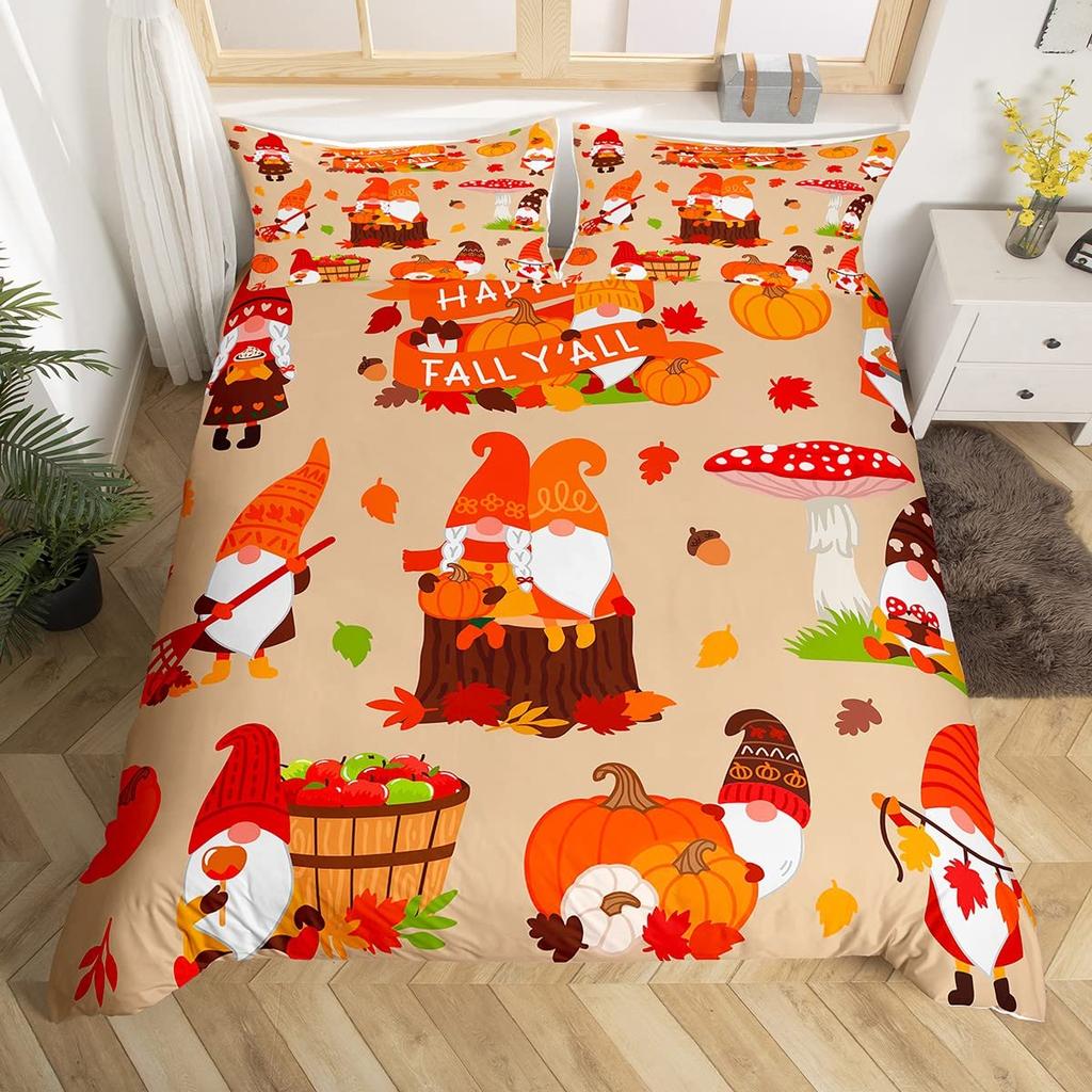 Cartoon Dwarf Dwarf Duvet Cover Queen for Kids Girls,Fall Leaves Pumpkin Bedding Set Autumn Gnome Turkey Maple Leaf Quilt Cover