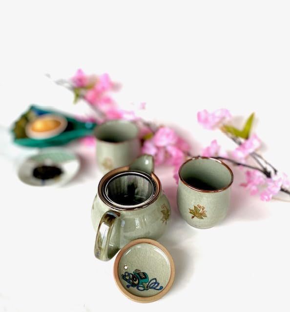 Hyakukaen Kutani Tea Set Large Weeping Cherry Blossom Design 350ml Ceramic Teapot (3-Piece Set) - (Backside Picture) -