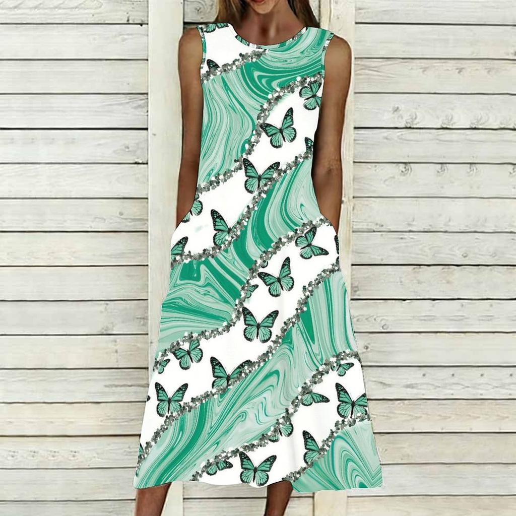 Women Plus Size Sleeveless Crew Neck Dress Soft Watercolor Floral Branches Flowy Mid Calf Gown