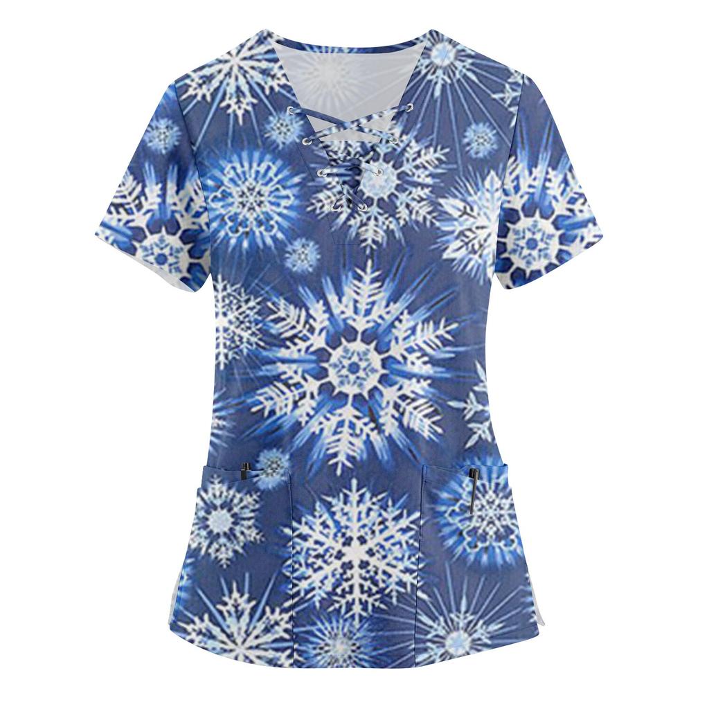 Plus Size Printed Scrub Working Uniform Tops For Women's Cross V-Neck Christmas Print Short Sleeve Fun T-Shirts Workwear Tee With Pockets