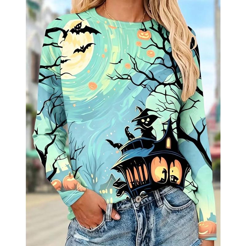 Autumn and Winter Ladies Halloween 3D Printed Crew Neck Long Sleeve T-Shirt