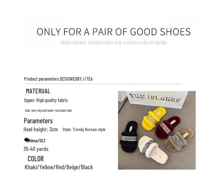 2025 Autumn/Winter Women's Fuzzy Flat Slippers - One-Strap, Letter Design, Versatile Korean Style, Warm Outdoor Footwear (EU)