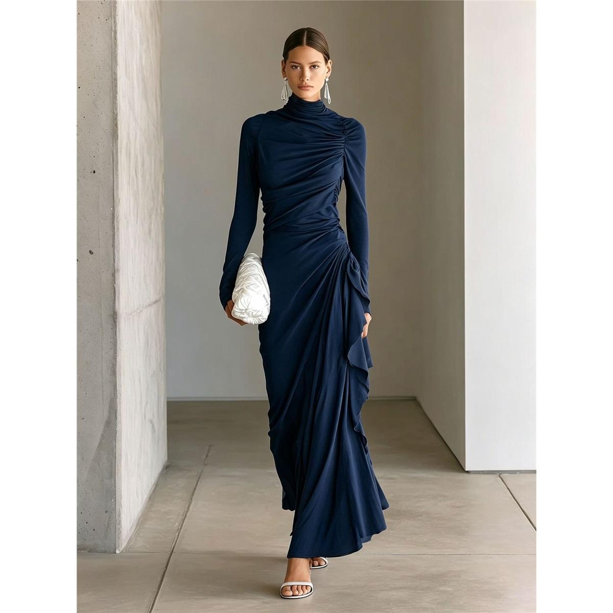 Robe Longue Maxi à Col Roulé Ruchée et Volants Manches Longues Coupe Ajustée Plissée Robe de Soirée S bleu marine