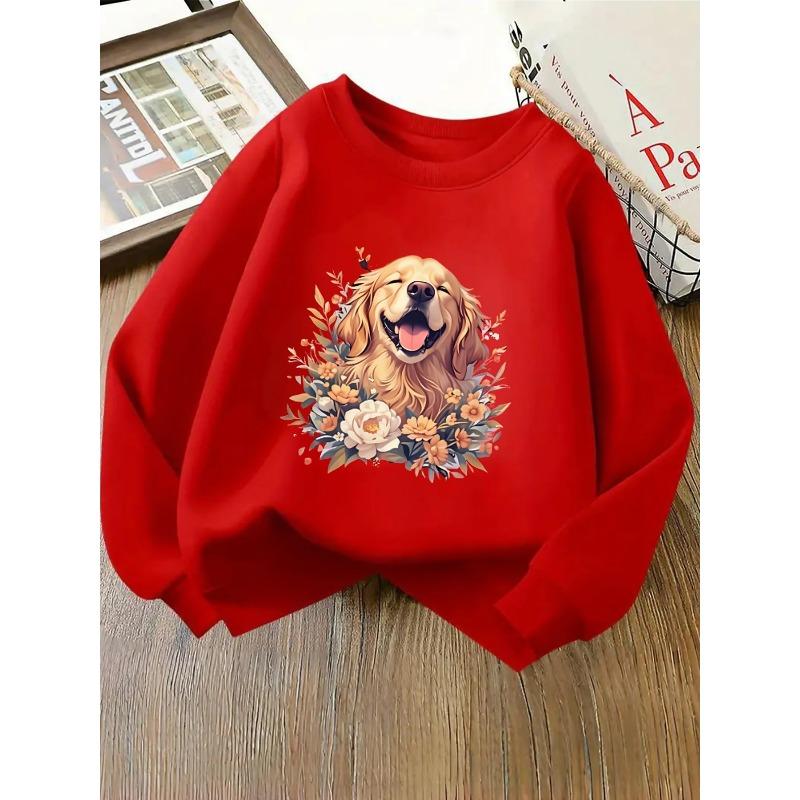 Kids Sweatshirt, Round Neck Featuring a Floral Portrait of a Golden Retriever,Machine Washable, Spring And Autumn, for Sports And Casual Outings, Soft