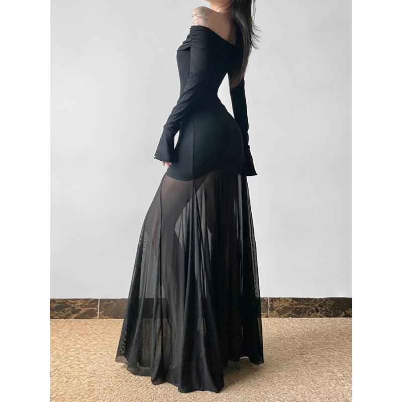 Rockmore Elegant Waisted Irregular Patchwork Skinny Dresses Chic Sexy Mesh Printed One Shoulder Flared Sleeves Pleated Dress Y2k