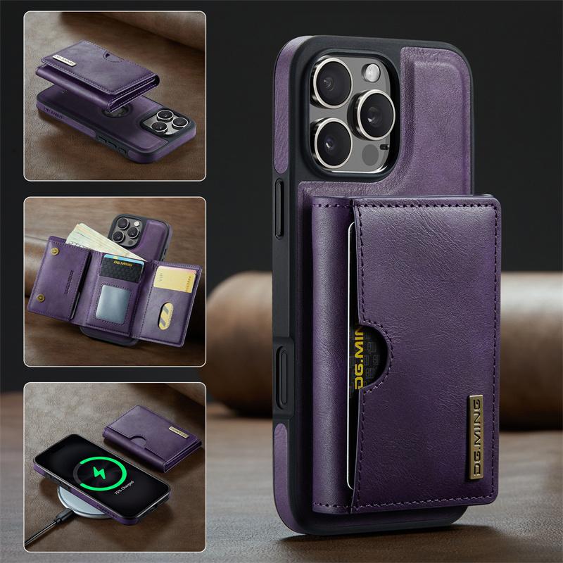 IPhone 17 Pro Max Air 16E 16 Plus 15 14 13 12 11 için Kablosuz Şarj Manyetik Kapaklı Deri Telefon Kılıfı 2'si 1 Arada Çıkarılabilir Cüzdan Kart Bölmeli Arka Kapak